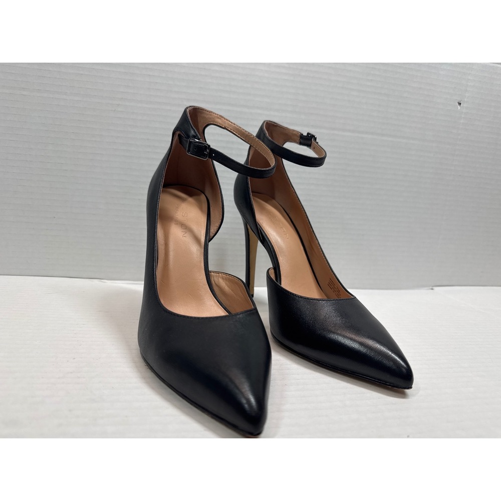 Halston Heritage Margo Black Leather Pointed Toe Ankle Strap Stiletto Pumps 7M